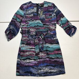 Yumi Kim Printed Glam Wrap Top Belted Dress Sz XS Surplice, Belted, Peacock